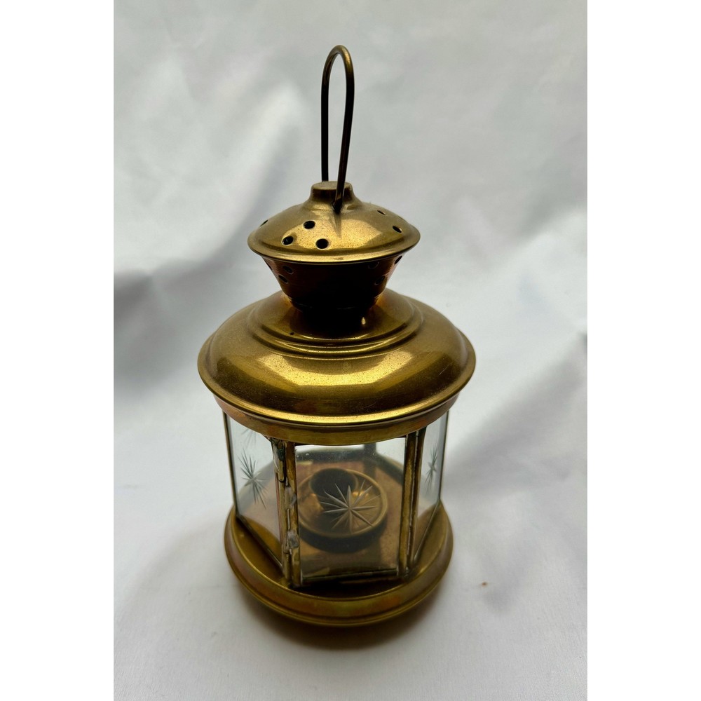 Etched Glass Brass Candle Lantern, 8"